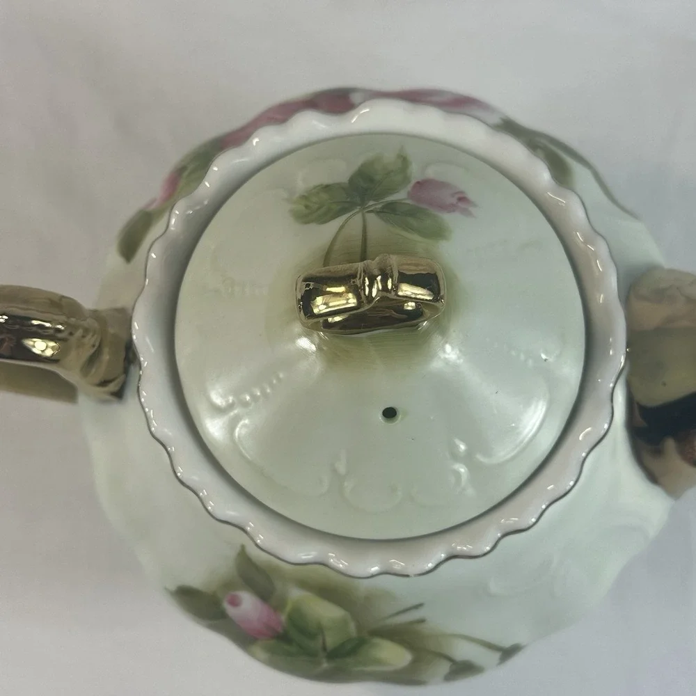 Vtg Lefton Heritage Rose Tea Set Teapot Sugar Creamer Bud Vase Gold Hand Painted